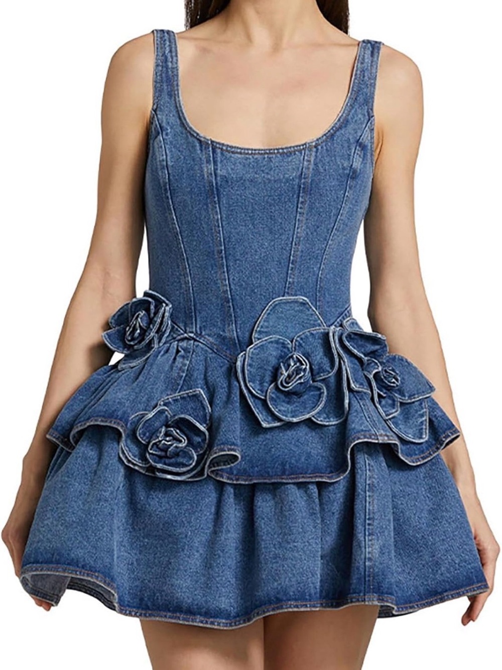 Women's Denim Mini Dress, Sleeveless Flared Sundress Floral Peplum Detail